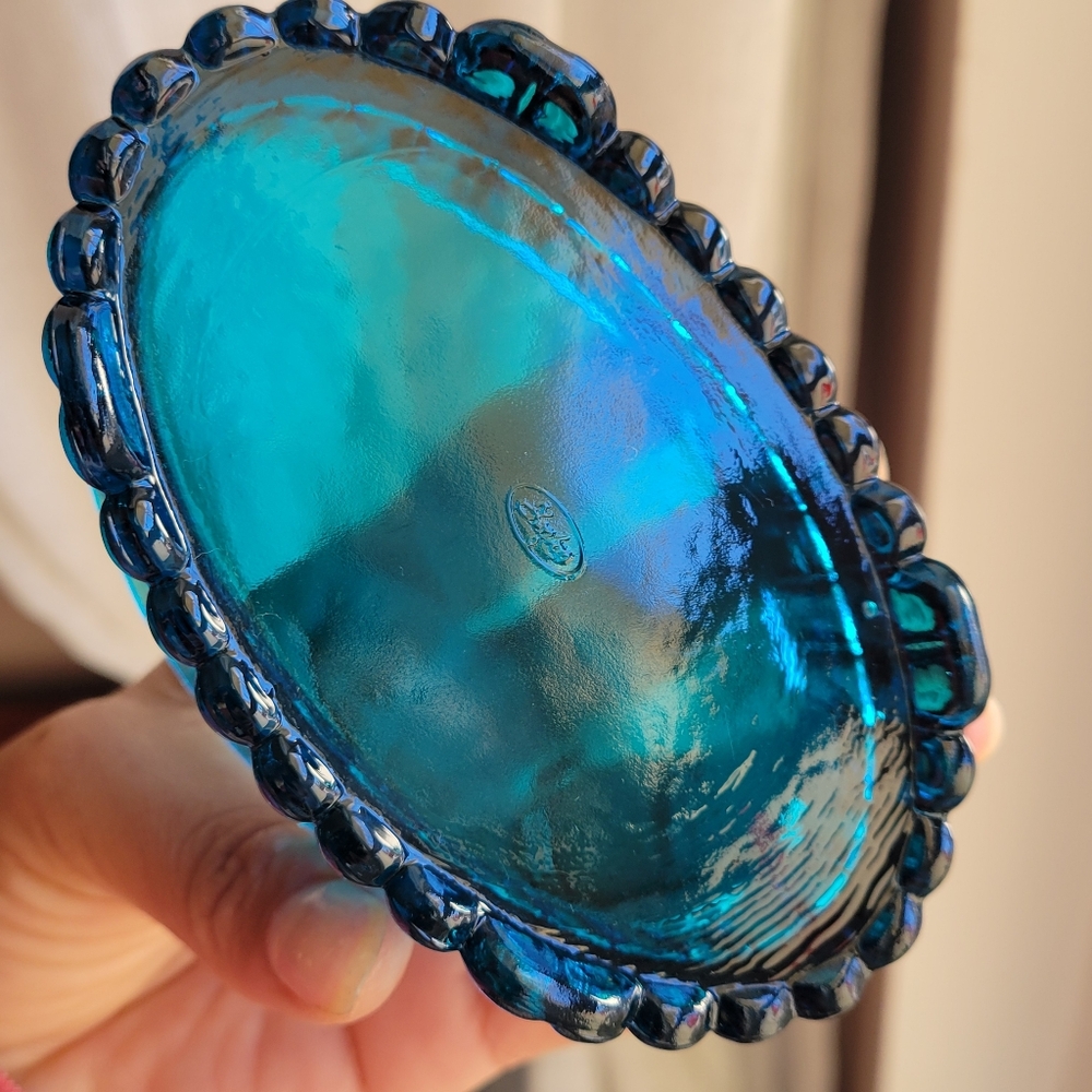 Vintage Fenton Art Glass USA Oval Turquoise Blue Color Hand Painted Floral RARE - Picture 5 of 13